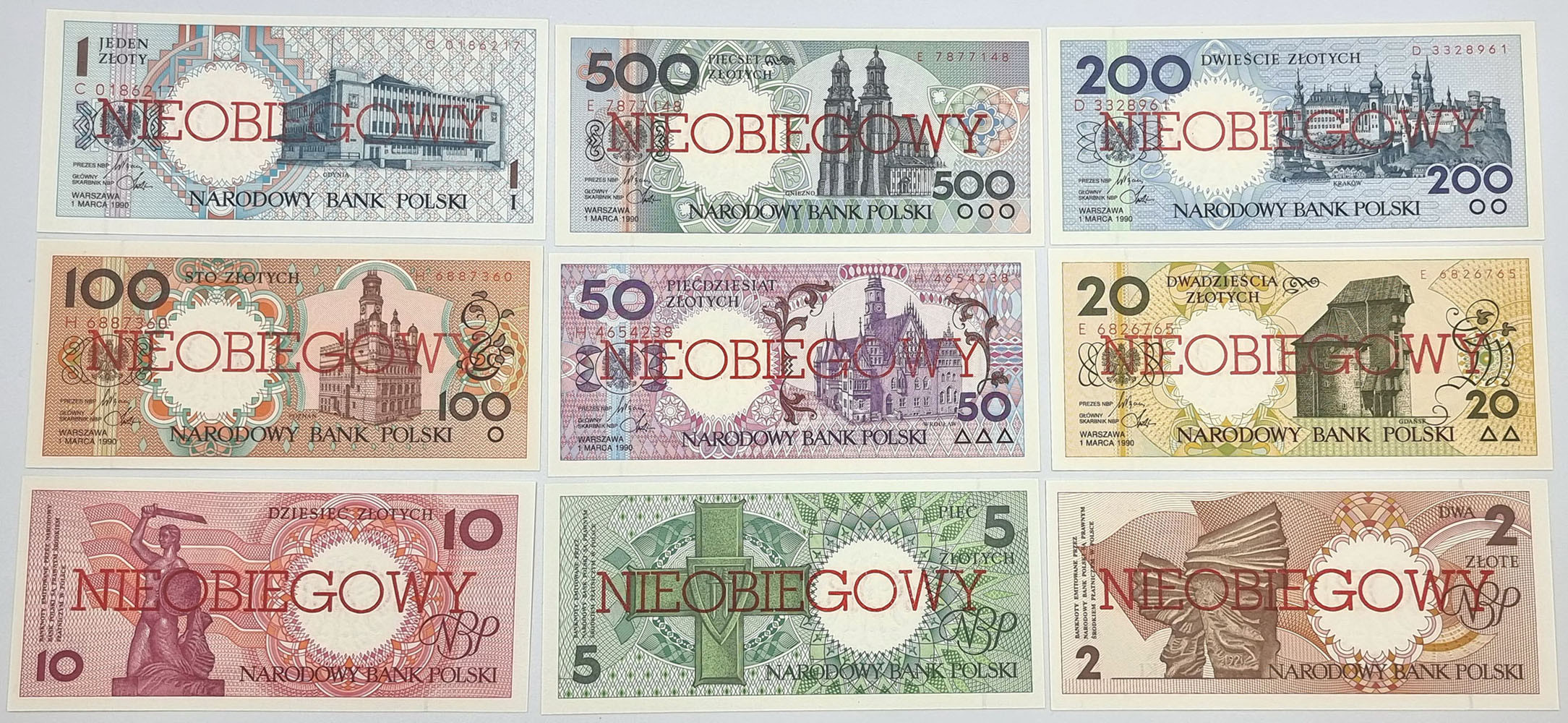 Miasta Polskie 1990 komplet banknotów 1-500 złotych - NIEOBIEGOWY